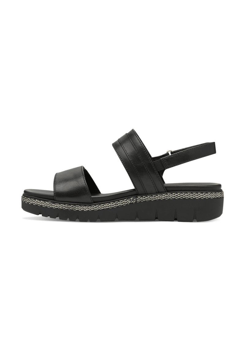 Zwarte lederen sandalen met twee brede banden, open teen, verstelbare hielband en een textuurplatform met een gevlochten detail langs de zool.