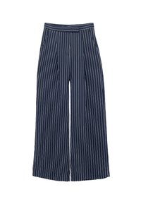 Pantalons à jambes larges en marine foncé avec des rayures verticales blanches, dotés d'une taille plate à l'avant et de deux poches latérales.