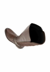 Stivale in pelle marrone al ginocchio con punta arrotondata, dettagli cuciti e un pannello in tessuto a coste sul retro. Presenta una fibbia decorativa.