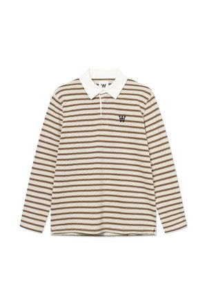 Langærmet poloshirt i cremefarve med brune, vandrette striber. Har en hvid krave og en broderet logo på brystet.