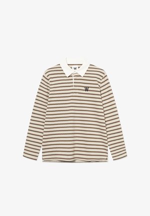 Langærmet poloshirt i cremefarve med brune, vandrette striber. Har en hvid krave og en broderet logo på brystet.
