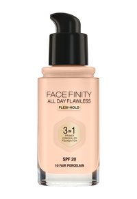Face Finity All Day Flawless foundation i fair porcelain. Glasflaske med sort pumpe, blød ferskenfarve, guldaccenter og SPF 20 label.