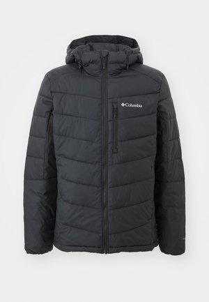 Black puffer jacket with a full zip and hood, featuring horizontal quilted panels, a left chest pocket, and a Columbia logo on the front.
