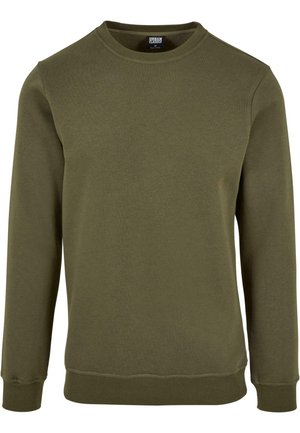 Olivegrüner Rundhalsausschnitt-Pullover aus weicher Baumwolle. Verfügt über gerippte Bündchen und Saum, mit einer klassischen, geraden Passform und ohne Muster.