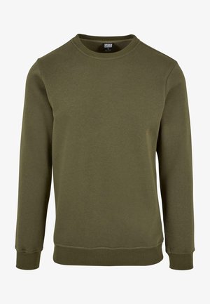 Olivegrüner Rundhalsausschnitt-Pullover aus weicher Baumwolle. Verfügt über gerippte Bündchen und Saum, mit einer klassischen, geraden Passform und ohne Muster.