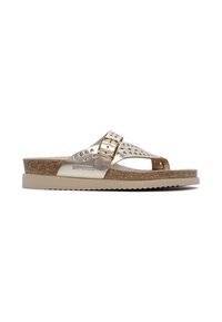 Sandal in metallo dorato con cinturini perforati, plantare in sughero, suola beige e dettaglio con fibbia regolabile. Design testurizzato per una migliore aderenza.