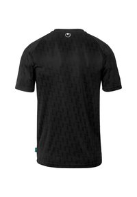 T-shirt noir à manches courtes avec un motif géométrique texturé, col ras du cou et détail du logo au niveau de la nuque.