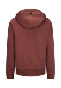 Felpa con cappuccio color bordeaux, realizzata in tessuto morbido, presenta un grande cappuccio, polsini a costine e un orlo a costine, con un design semplice e pulito.