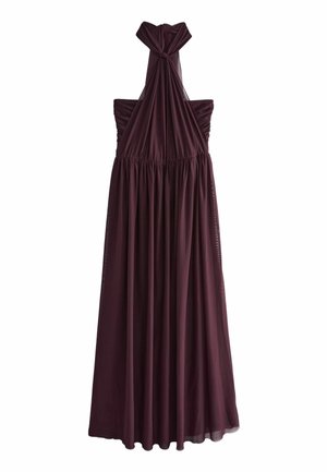 Burgunderfarbene Halterkleid aus weichem Stoff, mit einem geknoteten Ausschnitt, einem plissierten Oberteil und einem fließenden A-Linien-Rock mit einem durchsichtigen Überzug.