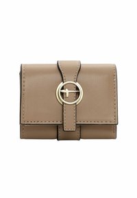 Compact beige leather wallet with a circular gold hardware accent, stitched edges, and a flap closure. Features a smooth texture and rectangular shape.