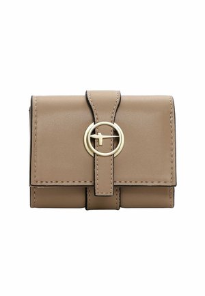 Compact beige leather wallet with a circular gold hardware accent, stitched edges, and a flap closure. Features a smooth texture and rectangular shape.