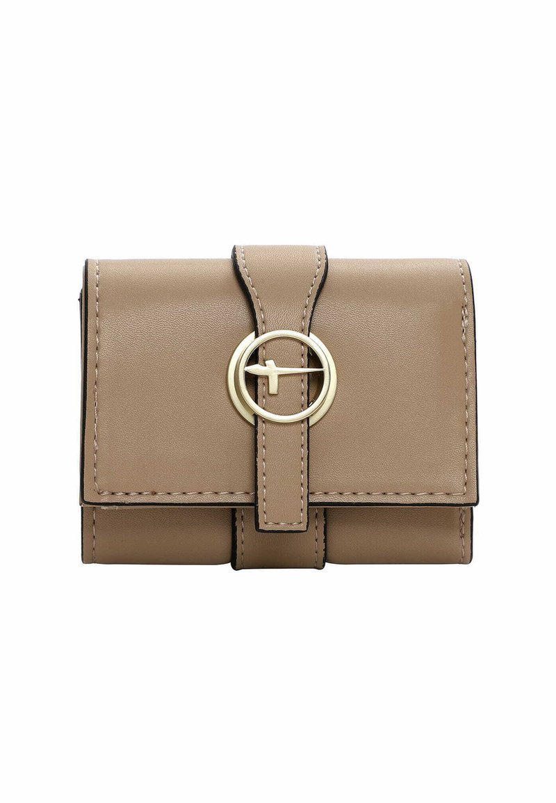 Compact beige leather wallet with a circular gold hardware accent, stitched edges, and a flap closure. Features a smooth texture and rectangular shape.