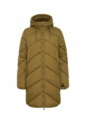 Oliivroheline täispuhutav jope kapuutsiga, millel on tõmblukk, küljetaskud ja chevron-katetus. Sile, isoleeritud tekstuur.