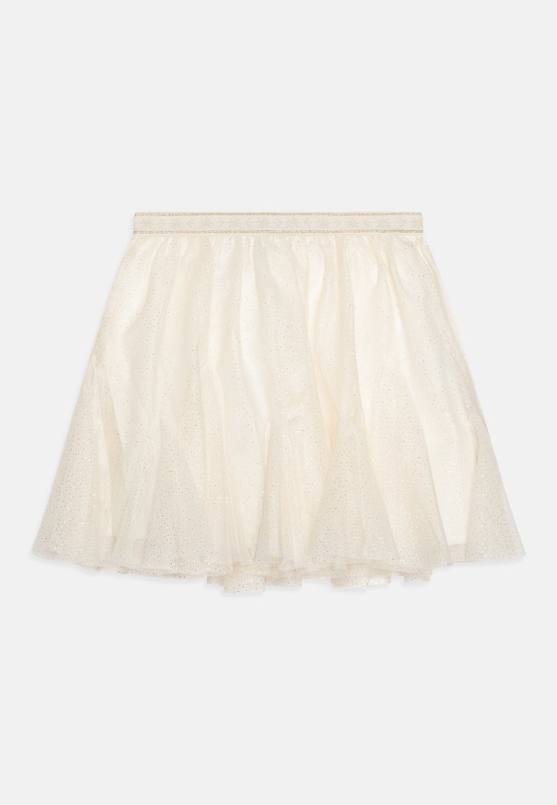 Licht ivoorkleurige tule rok met een gelaagd ontwerp, voorzien van een stretchy tailleband en versierd met subtiele glitters over de hele rok.