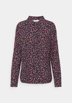 Long-sleeve, button-up shirt in dark navy fabric with a floral pattern in pink, white, and orange. Features a collared neckline and a relaxed fit.