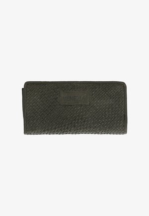 Woven dark green leather wallet featuring a rectangular shape, a textured surface, and a branded patch with "VENEZIA."