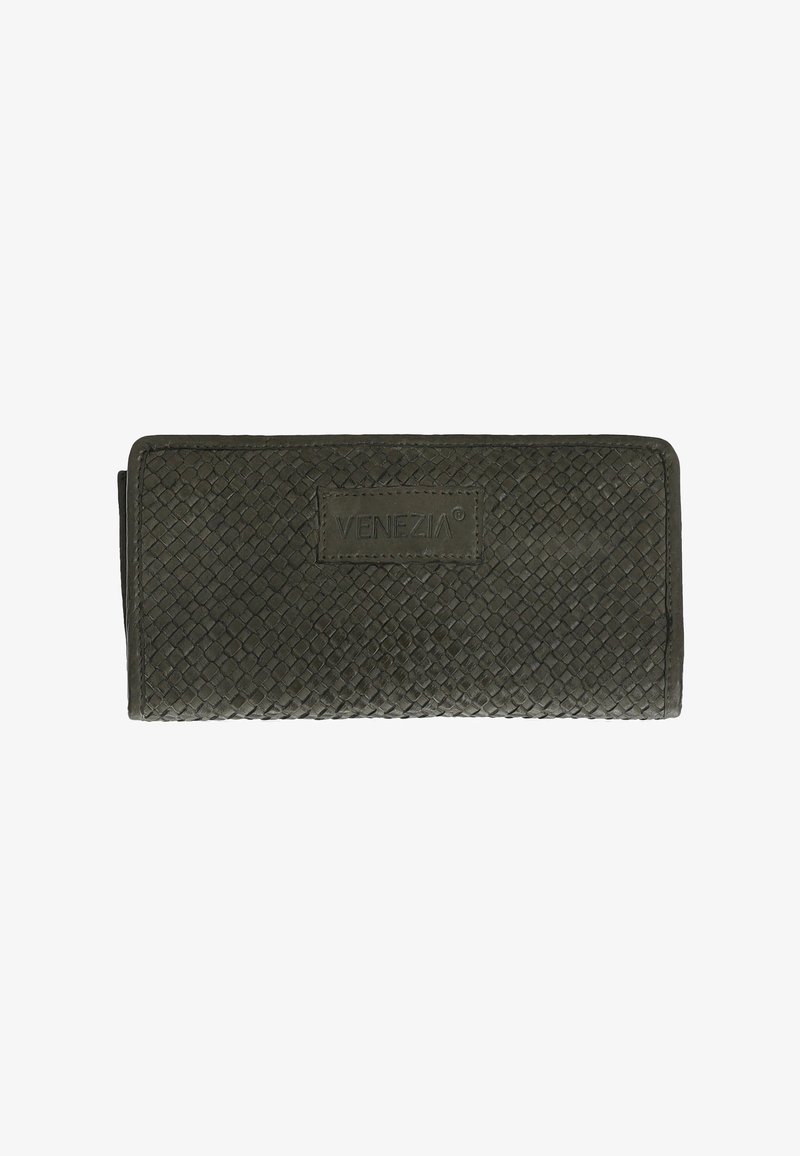 Portefeuille tissé en cuir vert foncé présentant une forme rectangulaire, une surface texturée et un patch de marque avec "VENEZIA".