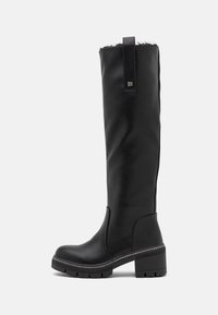 Bottes noires montantes en cuir lisse. Elles sont dotées d'un talon carré, d'un bout rond et d'une doublure en fausse fourrure en haut. Accentuées par un logo.