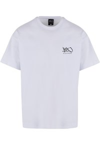 White cotton t-shirt with short sleeves and a round neckline. Features a small black logo on the chest. Regular fit and smooth texture.