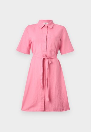 Pink linen shirt dress with short sleeves, button front, and a tie belt at the waist. Features a chest pocket and a relaxed fit.