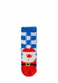 Flauschige Socke mit einem rot-weißen Weihnachtsmann-Motiv, blau-weißem Karomuster, weichem Material und abgerundeter Zehenpartie.