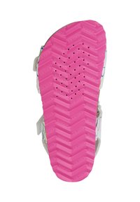 Suela de zapato infantil en goma rosa con un patrón en zigzag y agujeros de ventilación. Presenta un diseño gráfico colorido en la parte superior.