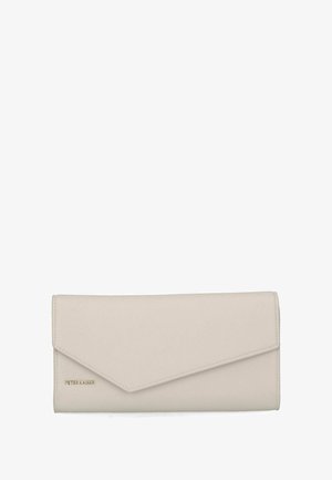 Portafoglio in pelle beige chiaro con patta stile busta. Texture liscia, design minimalista e dettaglio del logo impresso.