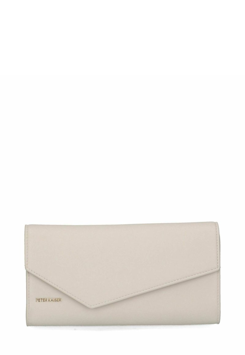 Lichtbeige leren portefeuille met een flap in envelopstijl. Gladde textuur, minimalistisch ontwerp en verhoogde logo-detail.