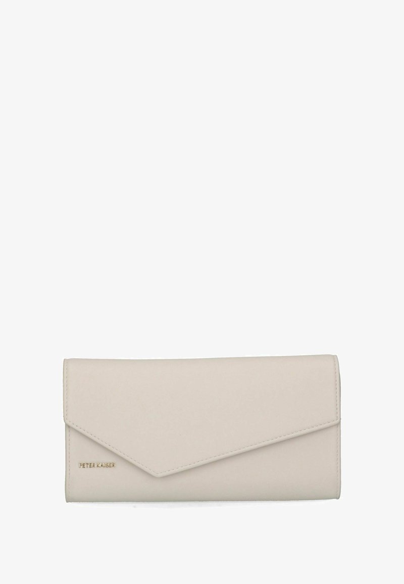 Portefeuille en cuir beige clair avec un rabat de style enveloppe. Texture lisse, design minimaliste et détail de logo embossé.