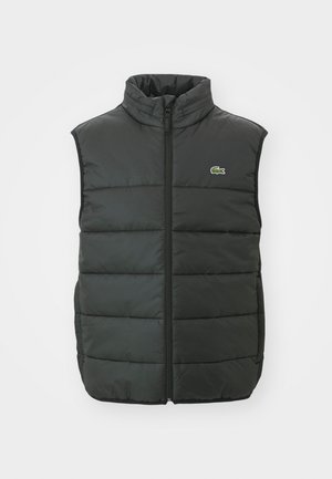 Colete puffer em cinza escuro com gola alta, fecho frontal e logótipo bordado. Apresenta um design acolchoado e textura almofadada para aquecer.