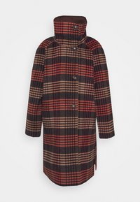 Abrigo de lana con un patrón a cuadros en marrón, rojo y beige. Cuello alto, cierre frontal con botones y mangas largas. Dobladillo recto.