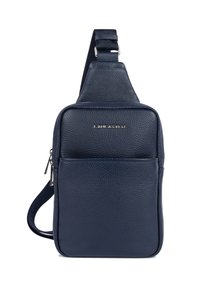Borsa a tracolla in pelle textured blu navy con tasca frontale con cerniera e tracolla regolabile, con marchio "LANCASTER" in lettere argentate.