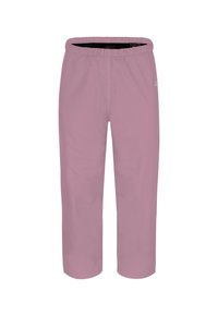 Hellrosa Hosen mit elastischem Bund, die eine glatte Textur und ein gerades Beindesign aufweisen. Keine sichtbaren Taschen oder Muster.