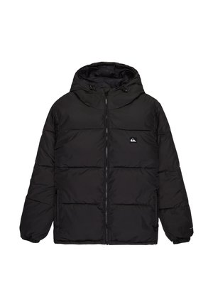 Černá prošívaná bunda s kapucí, zapínání na zip a prošívaným designem panelů. Obsahuje malé logo na hrudi a elastické manžety.