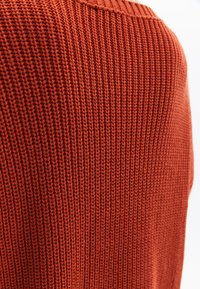 Gebreide trui in een rijke verbrande oranje tint, met een gestructureerd patroon en geribbelde accenten bij de halslijn en manchetten.