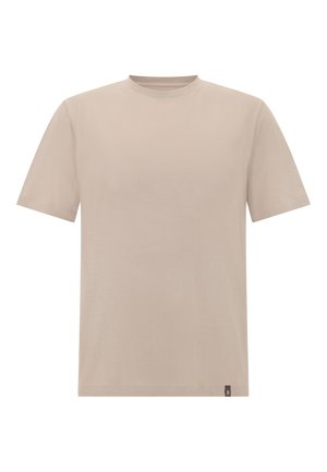 T-shirt à manches courtes de couleur beige clair, en tissu doux avec un col arrondi et un petit logo en accent sur l'ourlet.