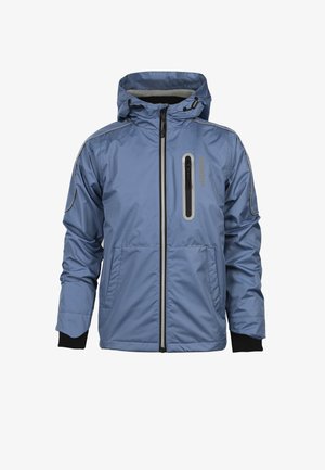 Light blue, hooded jacket with a front zipper, black accents, and two side pockets. Features a zippered chest pocket and textured fabric.