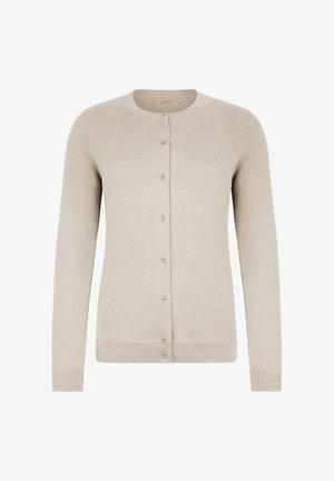 Lys beige cardigan lavet af blødt, struktureret materiale. Har lange ærmer, en rund hals og frontlukning med fem knapper.