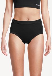 Schwarze, hoch taillierte Slips aus weichem Baumwollmischgewebe mit elastischem Bund, mit abgesteppter Naht und glatter, unifarbener Oberfläche.