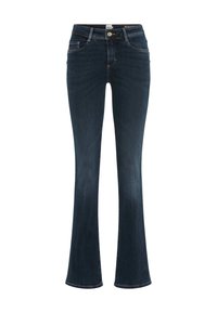 Jean bootcut bleu foncé avec bouton et fermeture éclair à l'avant, style cinq poches, et délavage subtil sur les cuisses et les genoux.