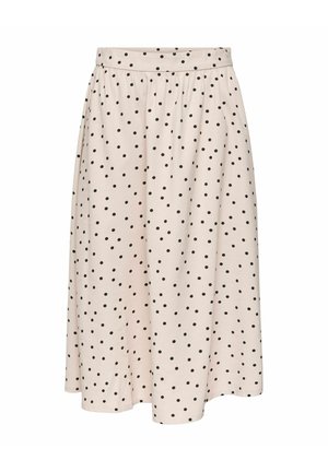 Jupe midi rose clair à pois noirs, avec une ceinture froncée et une silhouette légèrement évasée.