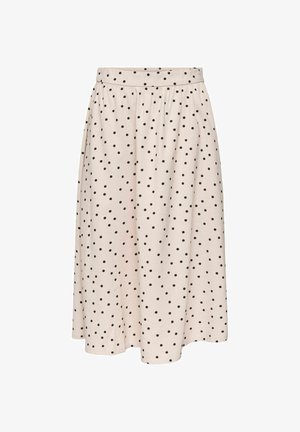 Jupe midi rose clair à pois noirs, avec une ceinture froncée et une silhouette légèrement évasée.