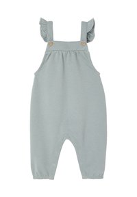 Hellgrauer Baumwoll-Overall mit Rüschen-Trägern, verstellbaren Holzknöpfen, gerafftem Bund und elastischen Bündchen am Ende.