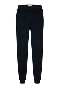 Pantalons de jogging en polaire noire avec taille élastique et poignets élastiques, arborant une petite étiquette de marque blanche au centre de la taille avant.