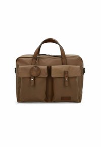 Collapsible brown canvas bag with two front pockets, brown leather accents, and a hanging tag. Features dual handles and a zip closure.