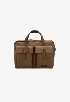 Borsa pieghevole in tela marrone con due tasche frontali, dettagli in pelle marrone e un'etichetta appesa. Presenta doppi manici e chiusura con zip.