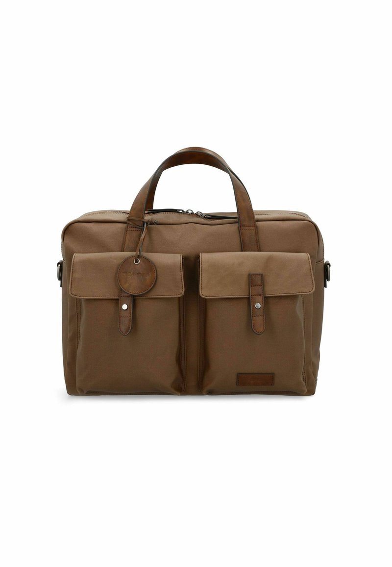 Collapsible brown canvas bag with two front pockets, brown leather accents, and a hanging tag. Features dual handles and a zip closure.