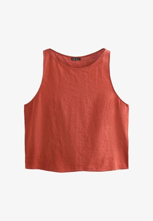 Haut sans manches en lin couleur rouille, avec un col rond et un ourlet légèrement court, présenté à plat sur un fond blanc.