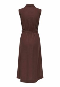 Robe midi marron foncé sans manches avec col et ceinture assortie en tissu à la taille, vue de dos.