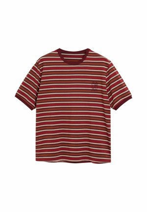 Rood- en beige gestreept T-shirt met korte mouwen, een ronde hals en een subtiel geborduurd detail op de linkerborst aan de voorkant.